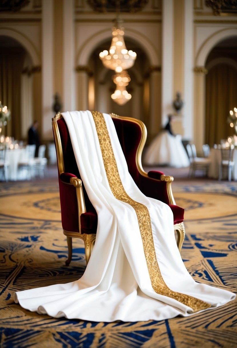 A regal white and gold gown draped over a luxurious velvet chair in a grand ballroom