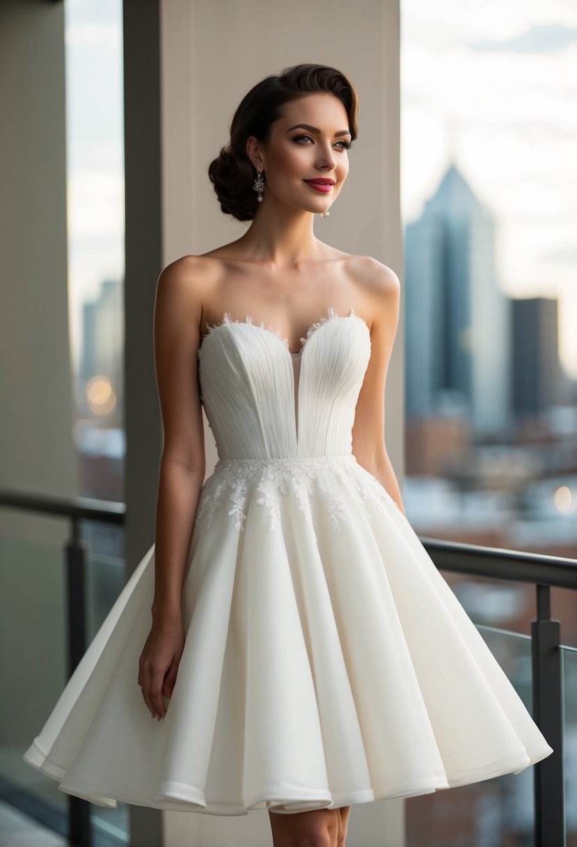 A modern short bridal dress with a 50s style silhouette, featuring a fitted bodice, full skirt, and delicate lace or tulle details