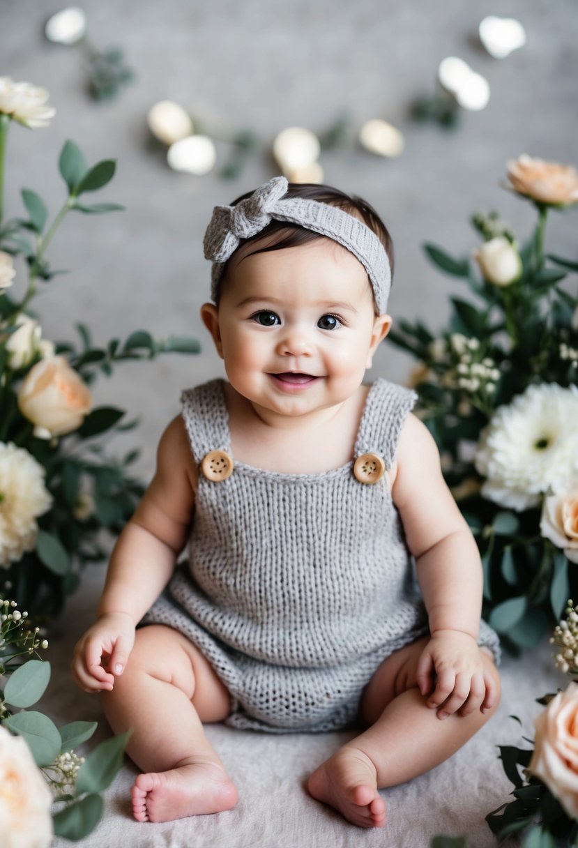 A 6-month baby girl wearing a knit romper with matching headband, surrounded by wedding flowers and décor