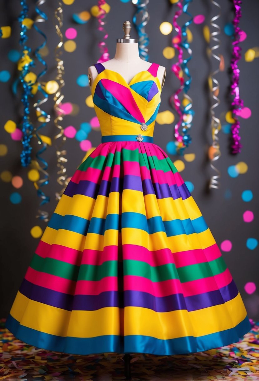 A vibrant 1950s style wedding dress with bold colors and lively patterns, set against a festive backdrop of confetti and streamers