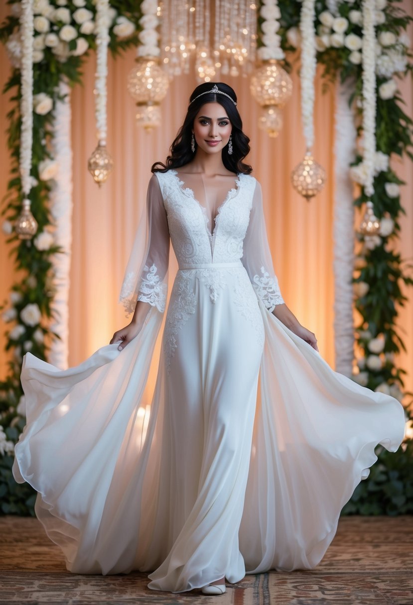 A flowing chiffon wedding gown with delicate lace details, inspired by Arab modesty, set against a backdrop of ornate traditional wedding decorations