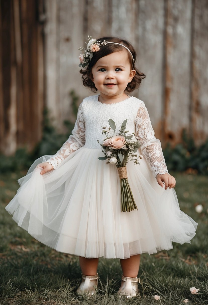 A baby girl's boho wedding dress with lace, floral details, and a flowing silhouette, set against a rustic outdoor backdrop