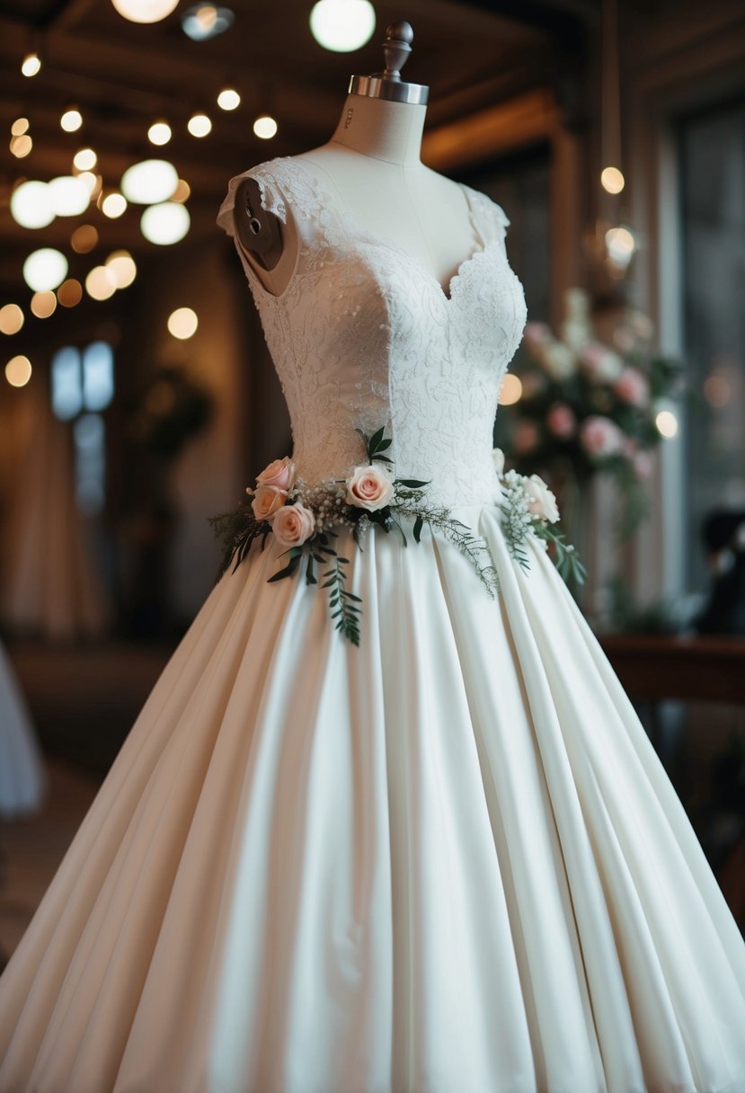 A 50s style wedding dress made from eco-friendly, sustainable materials, with a full skirt and fitted bodice, adorned with delicate lace and floral embellishments