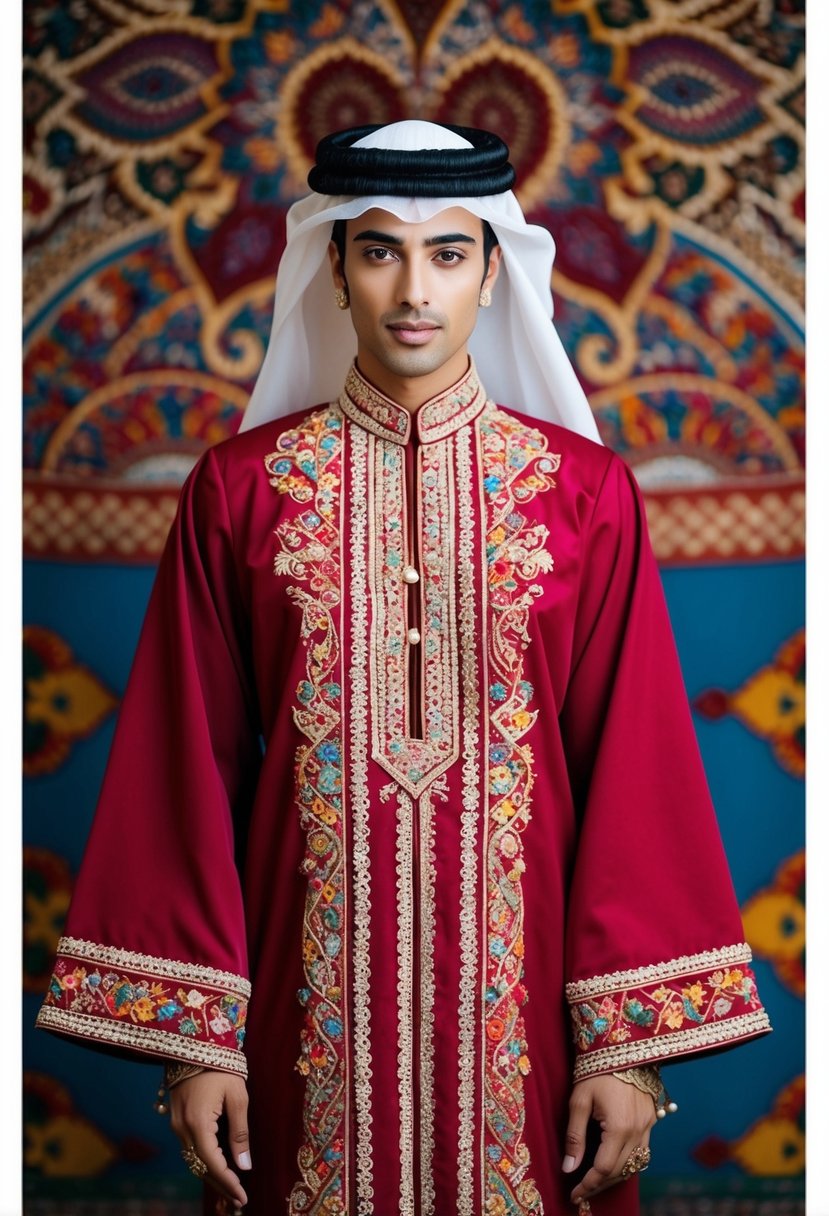 An ornate Arab wedding dress with front embroidery, in a vibrant Kraftan style, set against a backdrop of intricate patterns and rich colors