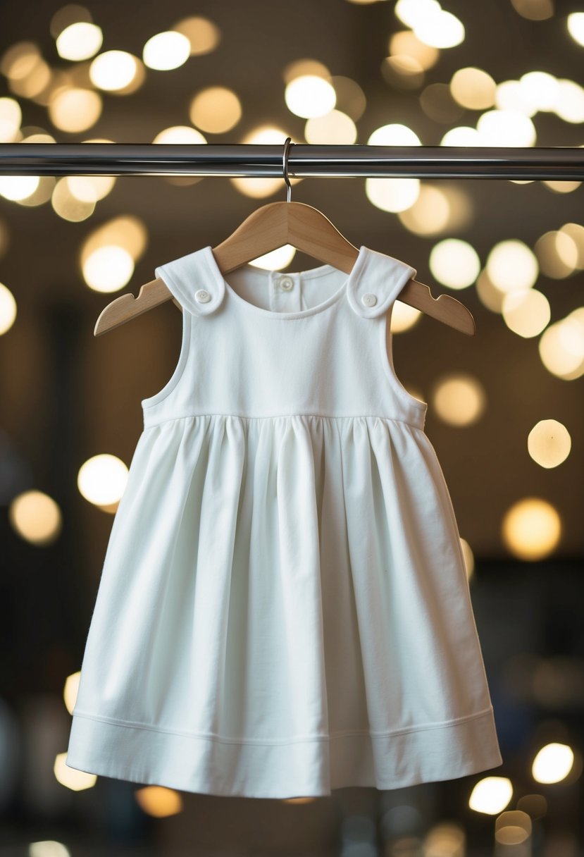 A simple white cotton blend baby dress on a hanger