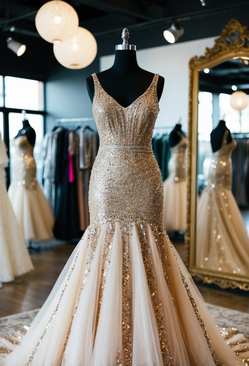 A sequin-studded glam gown on a mannequin in a vintage-inspired bridal boutique