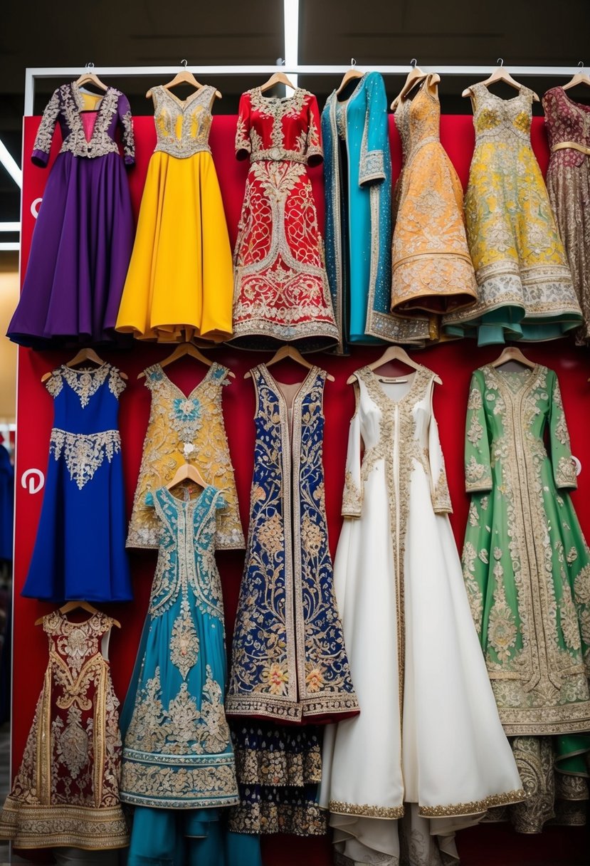 A colorful array of ornate Arab wedding dresses displayed on a Pinterest board, featuring intricate embroidery and flowing fabrics