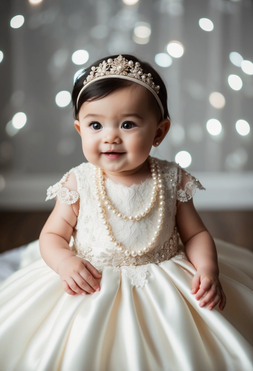 A delicate 6-month baby girl wedding dress with intricate pearl detailing, adorned with lace and satin