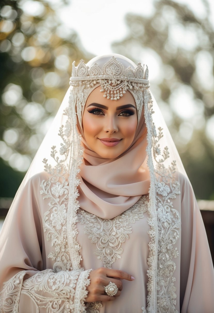 A bridal abaya adorned with intricate designs, featuring delicate lace and ornate embroidery, inspired by Arab wedding dress ideas