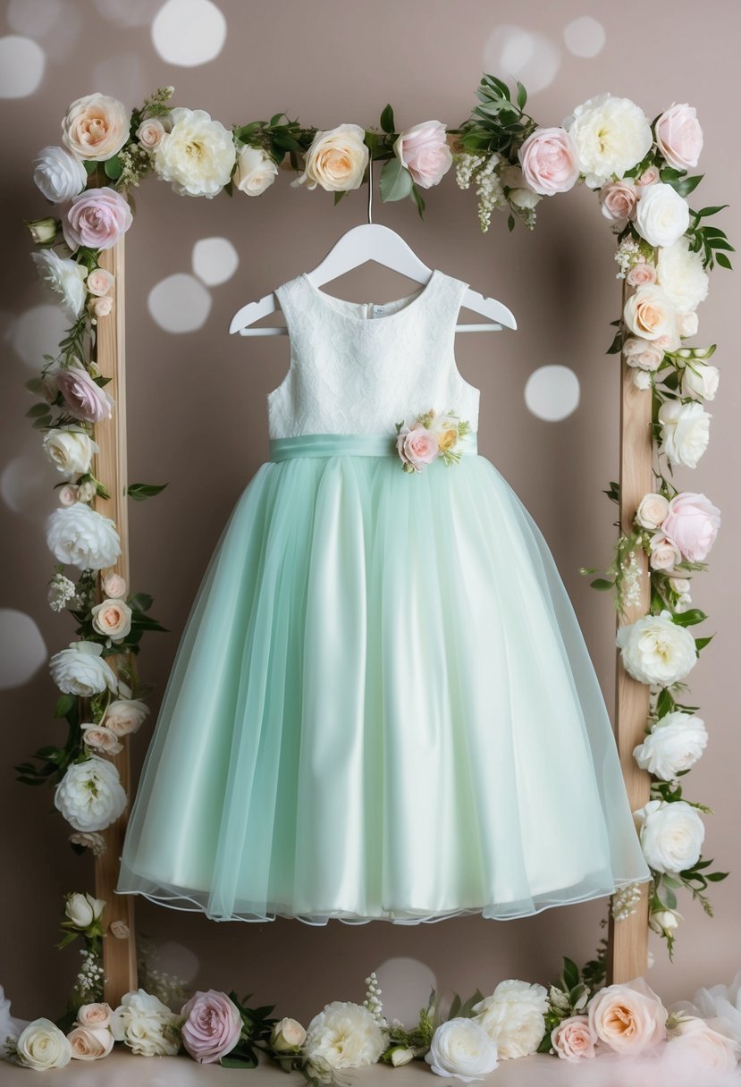 A delicate, pastel-colored baby girl's wedding dress hanging on a vintage wooden hanger, surrounded by soft, romantic floral accents