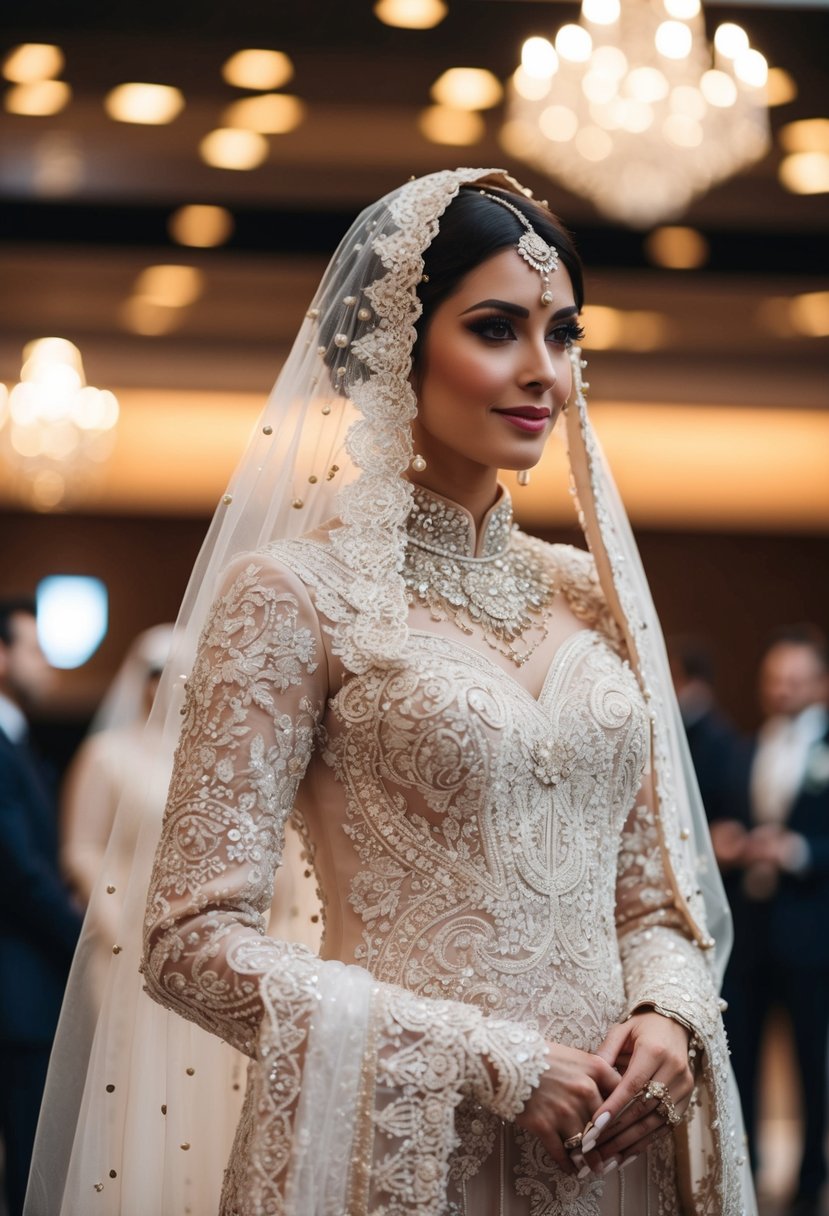 An ornate Arab wedding dress adorned with lacework and sequin embellishments