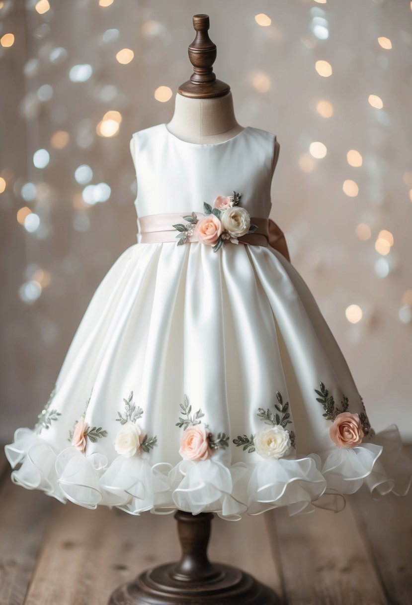 A delicate, ruffled hem adorns a white 6-month baby girl wedding dress, with floral appliques and a satin sash