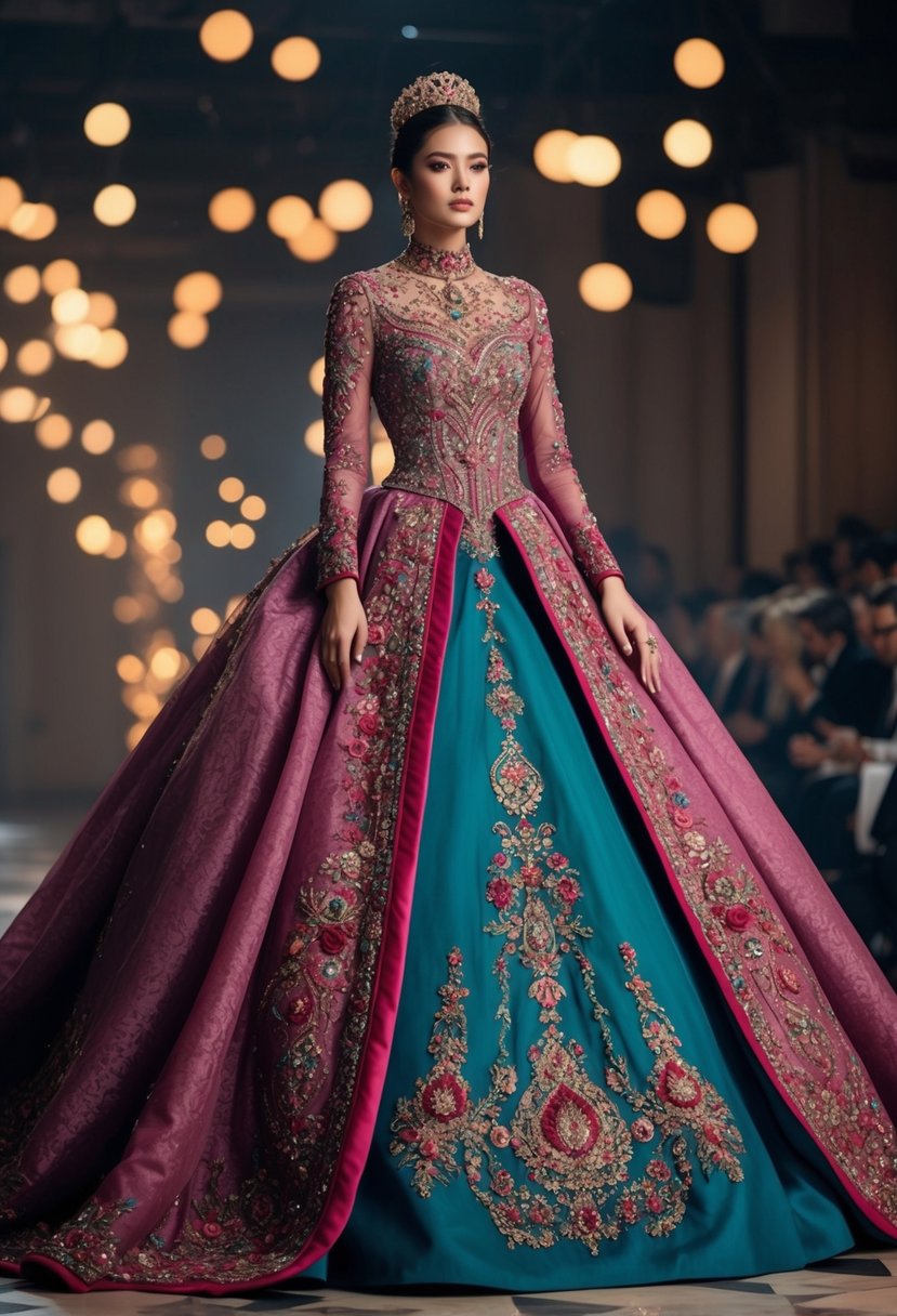 An ornate, flowing ballgown in rich, jewel-toned colors with intricate embroidery and beading, featuring a high neckline and long sleeves