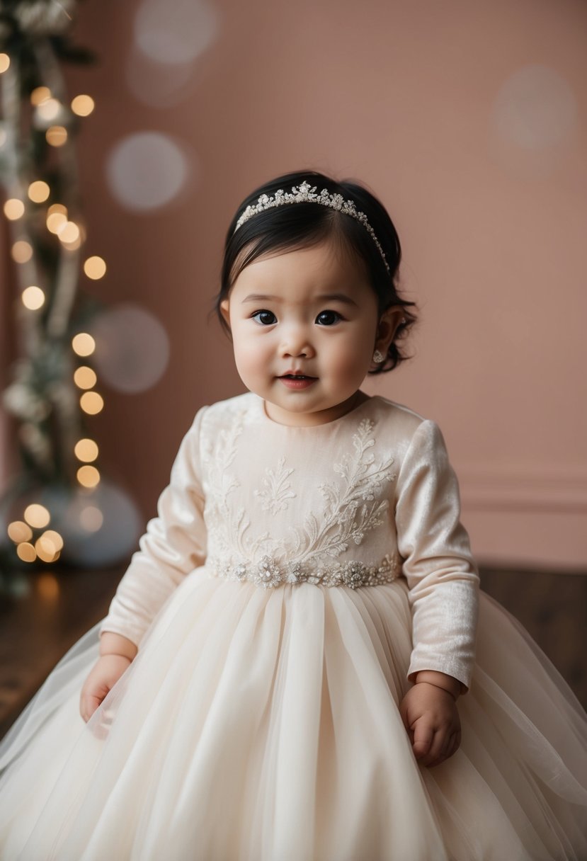 A delicate baby girl's wedding dress with velvet textures and soft touches