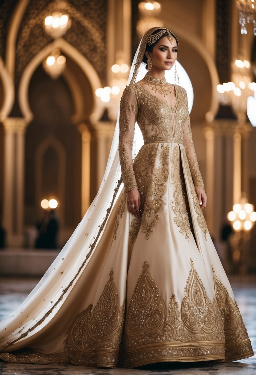 A grand, regal long sleeve dress with ornate gold embroidery and flowing train, fit for a royal Arab wedding