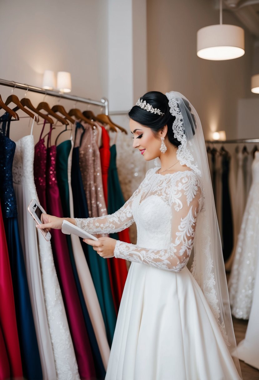 A bride-to-be browsing through a variety of customizable wedding dresses on Etsy, with a focus on Arab wedding dress designs