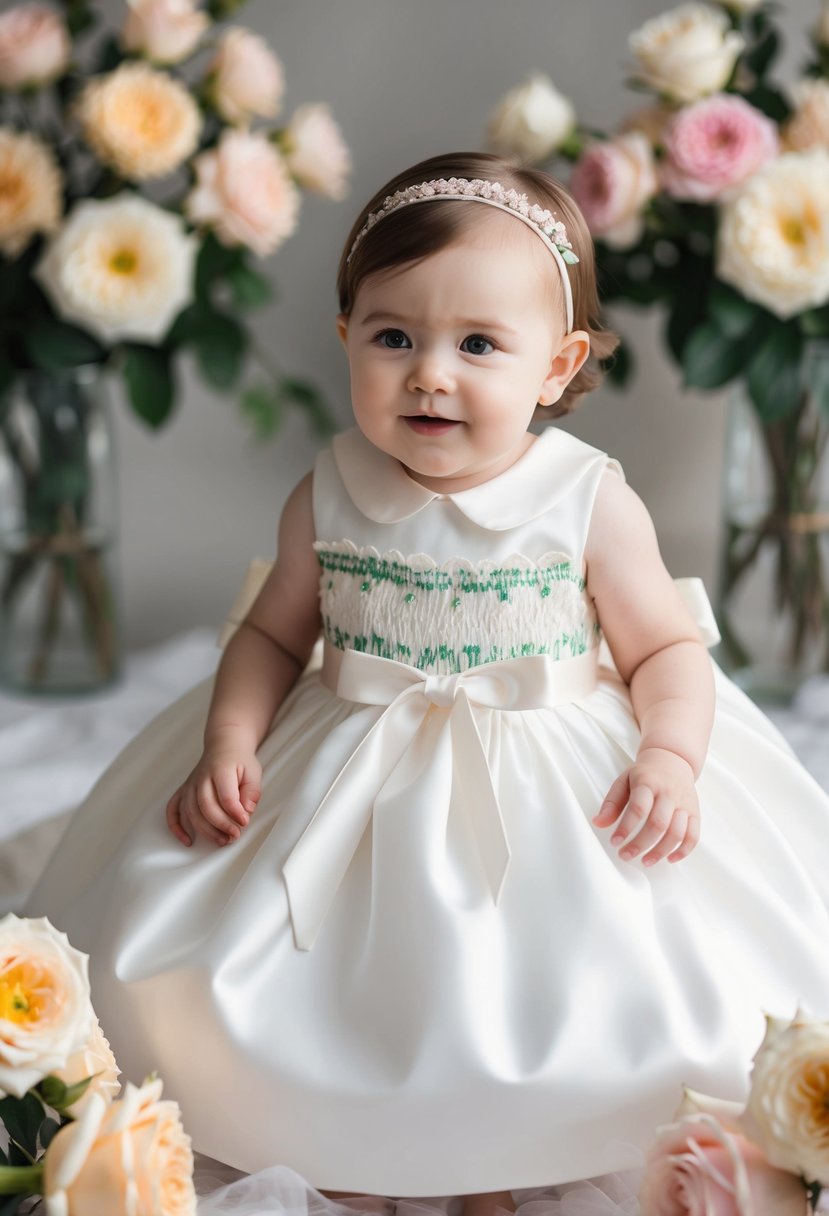 A 6-month baby girl's wedding dress with classic smocked design, adorned with delicate lace and satin ribbons, set against a backdrop of blooming roses