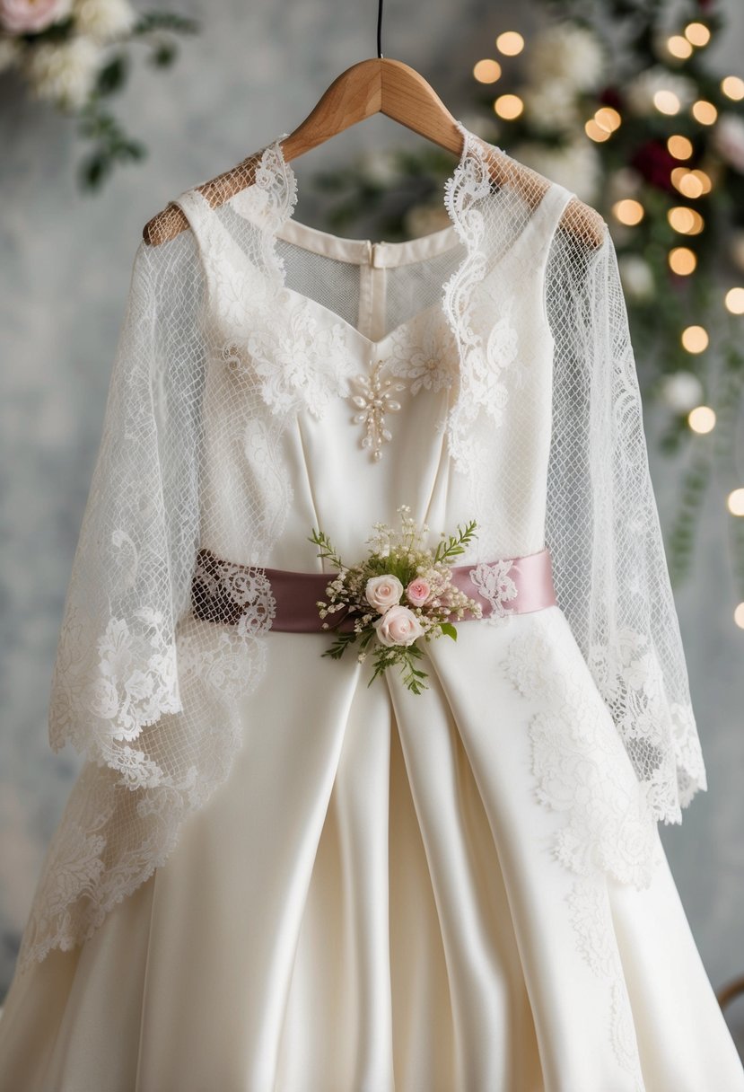 A delicate lace mesh overlay drapes over a tiny wedding dress, embellished with dainty floral details and a satin sash