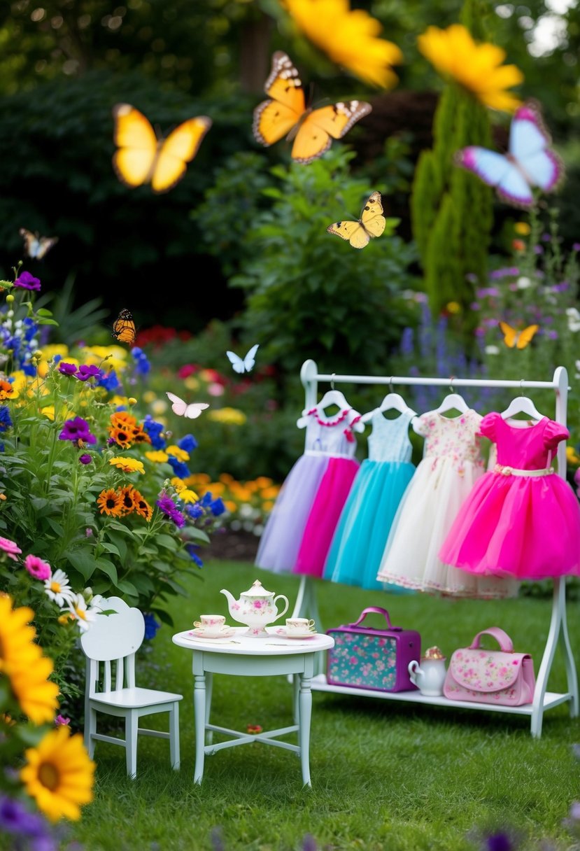 A garden filled with colorful flowers and butterflies, with a small table set for a tea party, and a rack of whimsical dresses for children