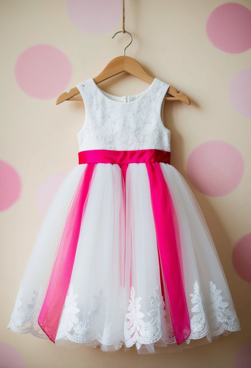 A white lace and pink tulle flower girl dress displayed on a hanger against a soft, pastel background