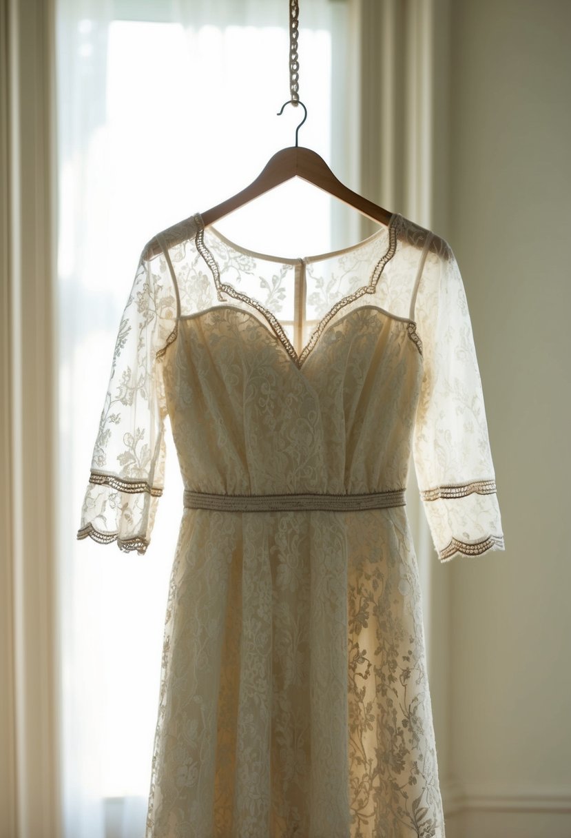 A vintage lace dress with 3/4 sleeves, adorned with delicate floral patterns, hangs on a hanger in a soft, sunlit room