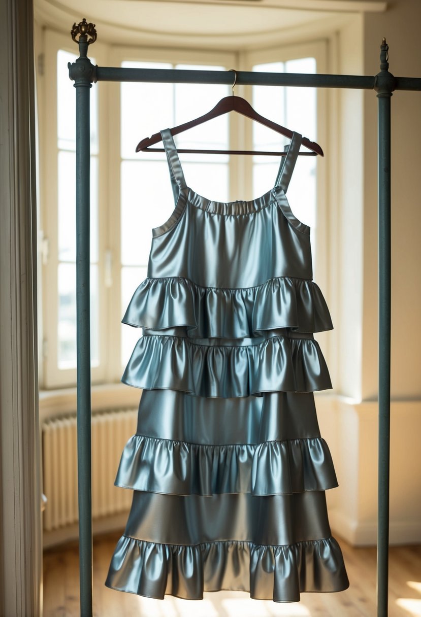 A metallic ruffle plissé tiered dress hanging on a vintage coat rack in a sunlit room