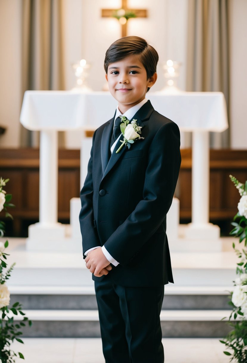 A young boy in a classic black suit stands in front of a wedding altar, with a white flower boutonniere pinned to his lapel