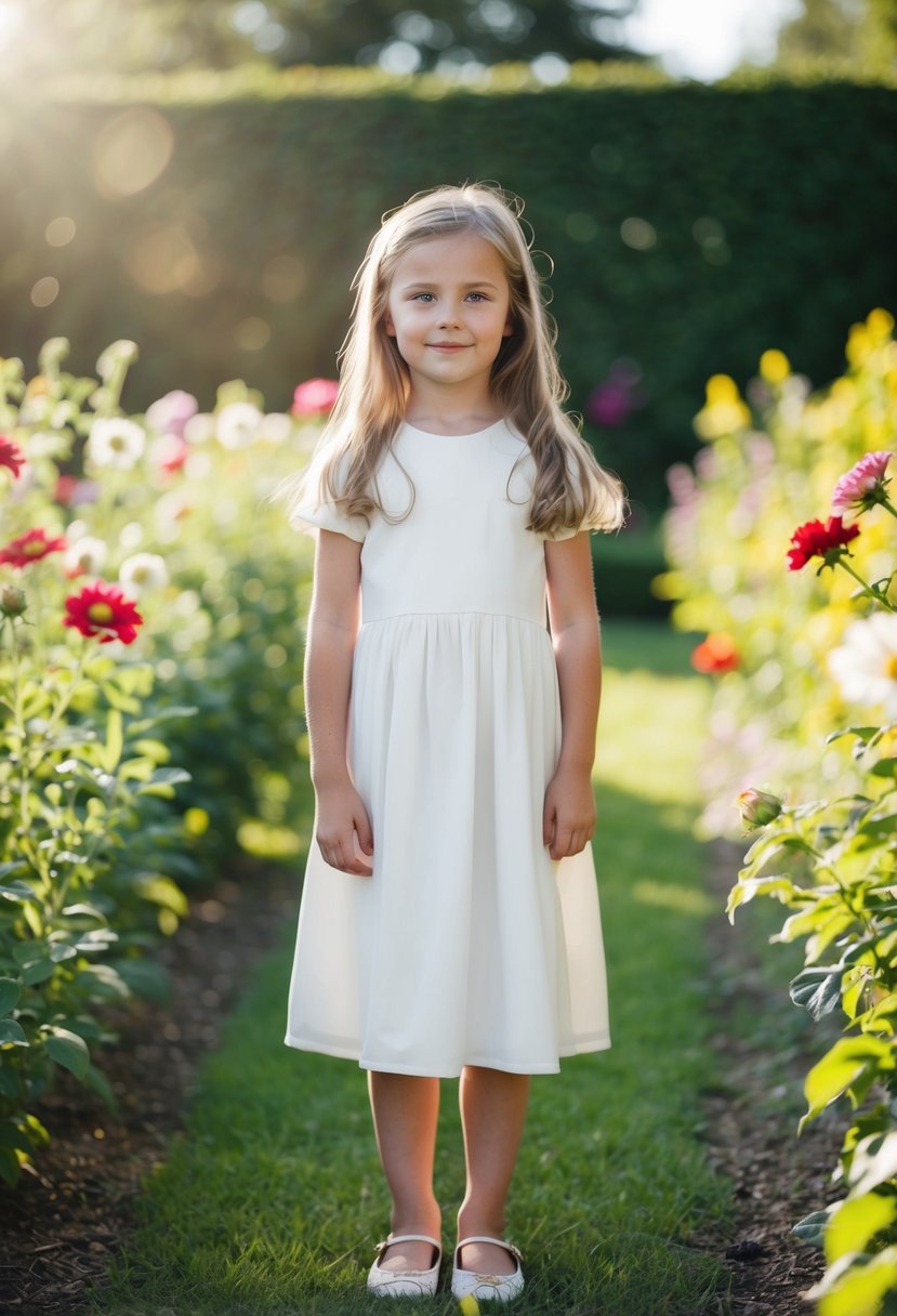 A young girl in a simple white dress stands in a garden, surrounded by flowers and sunlight