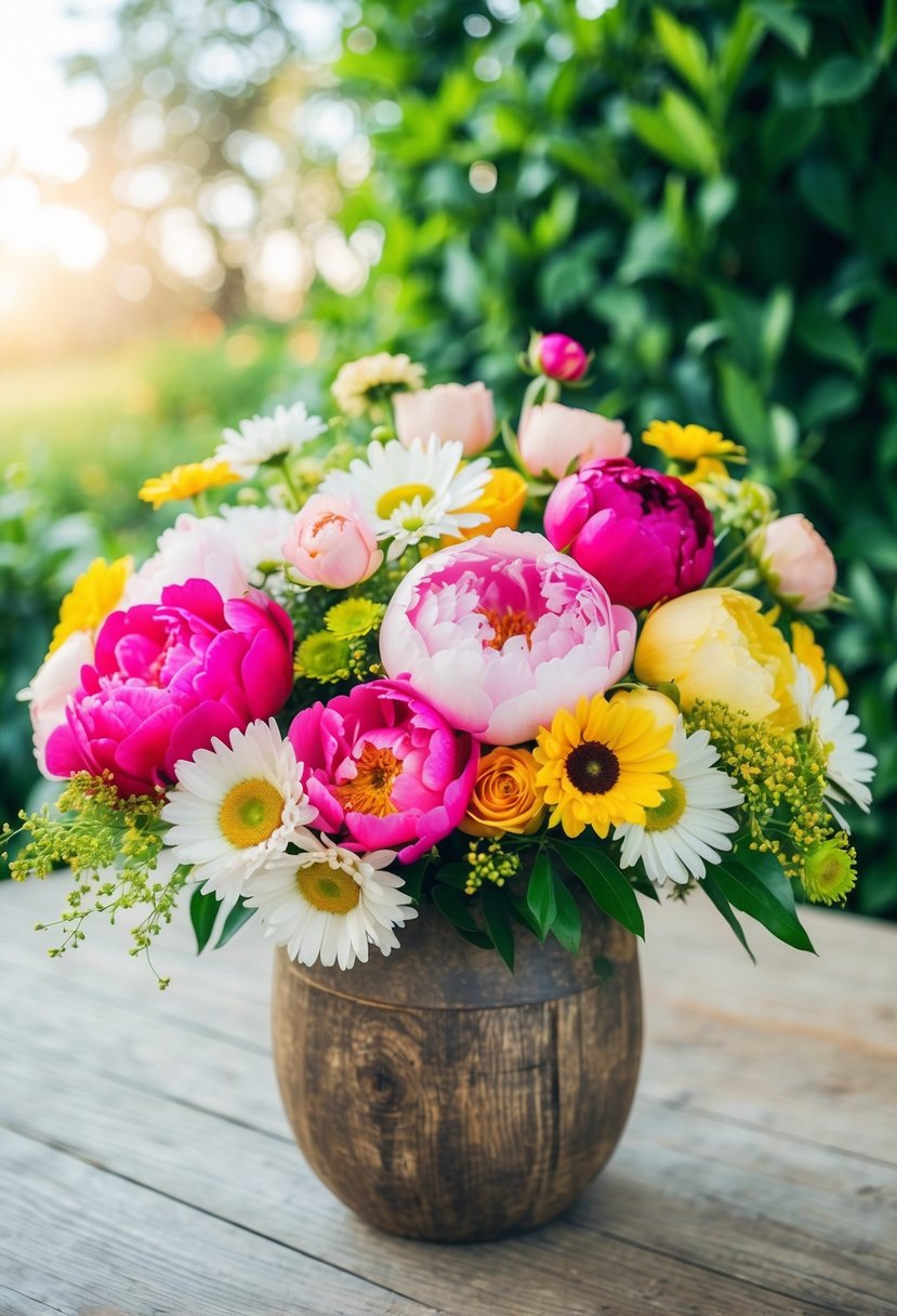 A colorful array of peonies, roses, and daisies arranged in a rustic wooden vase, set against a backdrop of lush greenery and soft sunlight