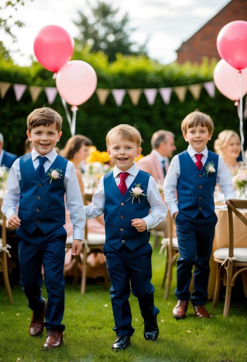 A garden party scene with kids wearing waistcoat sets for a wedding. Flowers, balloons, and a festive atmosphere