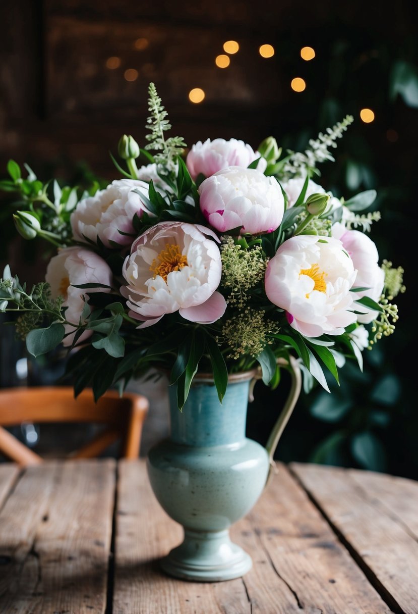 A lush bouquet of peonies, accented with delicate greenery, sits in a vintage vase on a rustic wooden table