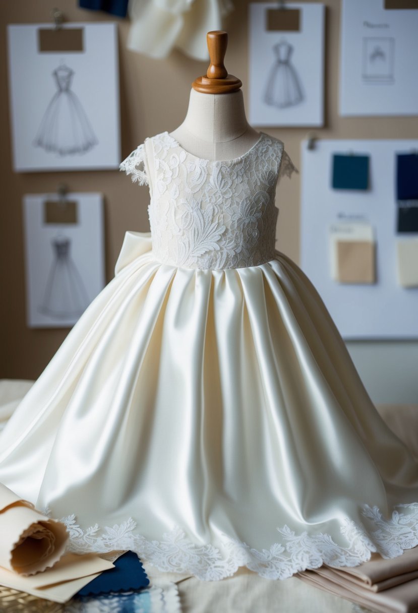 A delicate satin and lace gown draped over a child-sized mannequin, surrounded by fabric swatches and design sketches