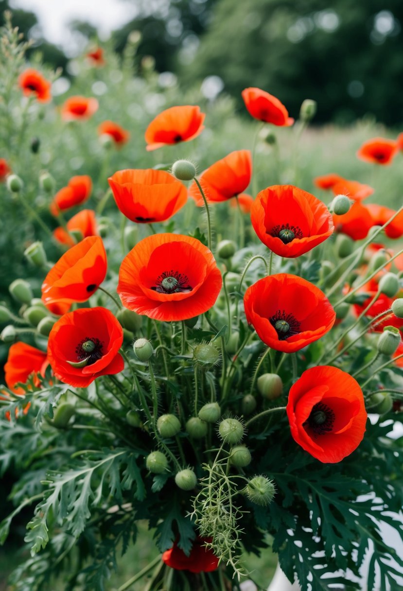 A lush bouquet of vibrant red poppies, surrounded by delicate green foliage, evoking the romantic and joyful atmosphere of a June wedding