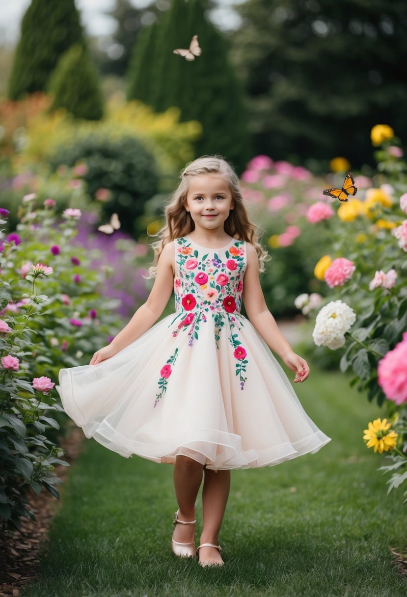 A young girl twirls in a garden, wearing a custom floral embroidered dress, surrounded by blooming flowers and butterflies