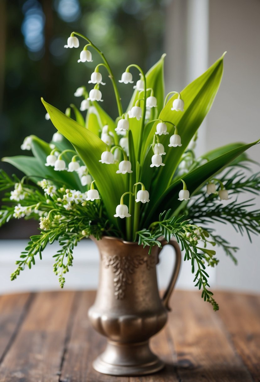 A delicate bouquet of Lily of the Valley, accented with lush greenery and soft white blooms, arranged in a vintage-inspired vase