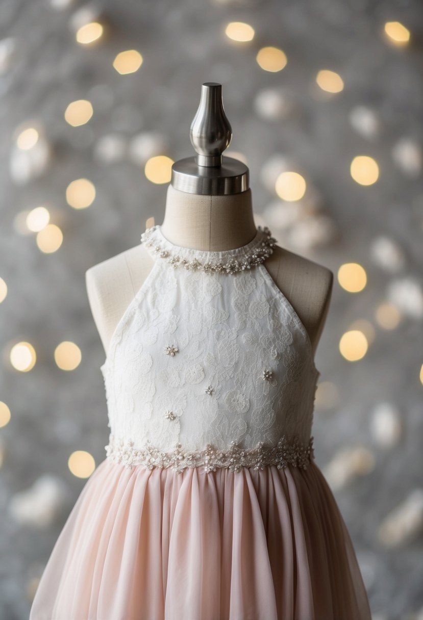 A chiffon halter neck dress for kids, adorned with delicate lace and flowing fabric, perfect for a whimsical wedding scene