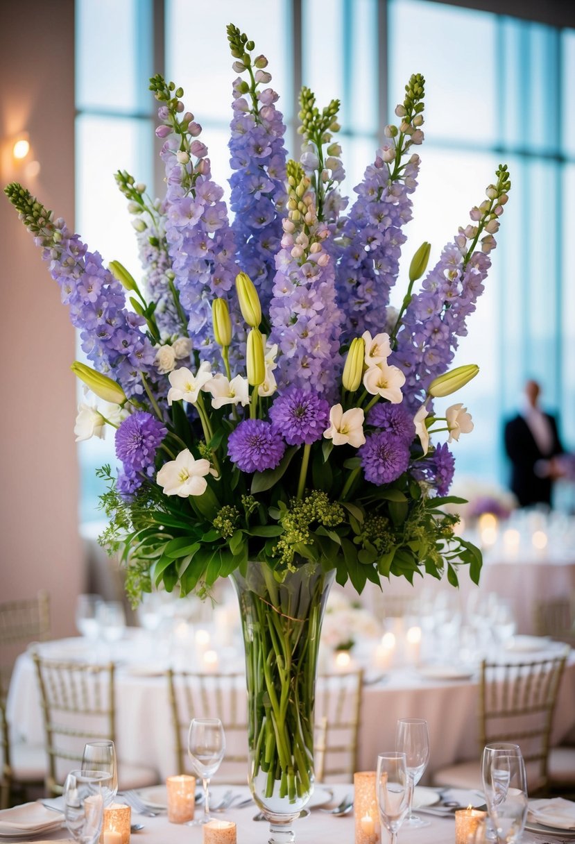 A tall bouquet of delphiniums, mixed with other June flowers, stands in a vase as a centerpiece for a wedding reception