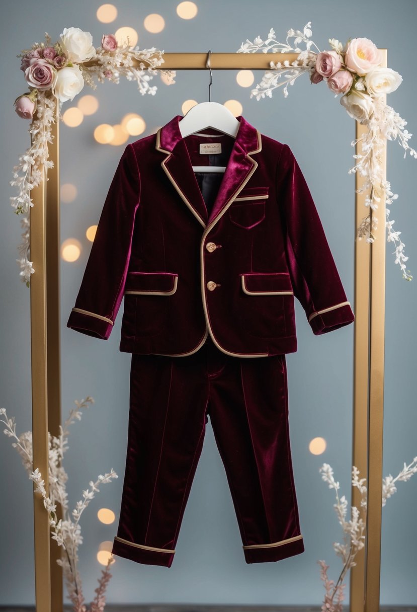 A young child's velvet jacket and trousers set displayed on a hanger, surrounded by delicate floral accents and soft lighting