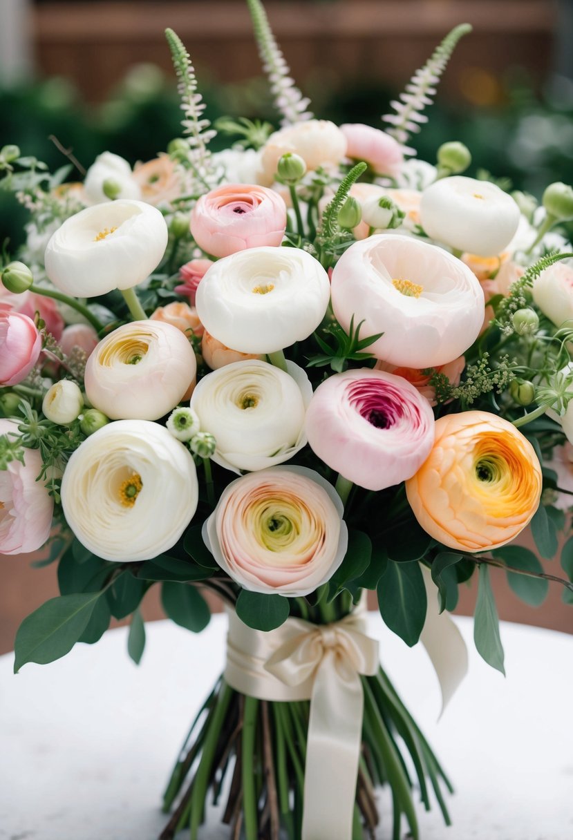 A lush bouquet of ranunculus in shades of white, pink, and peach, accented with delicate greenery and tied with a satin ribbon