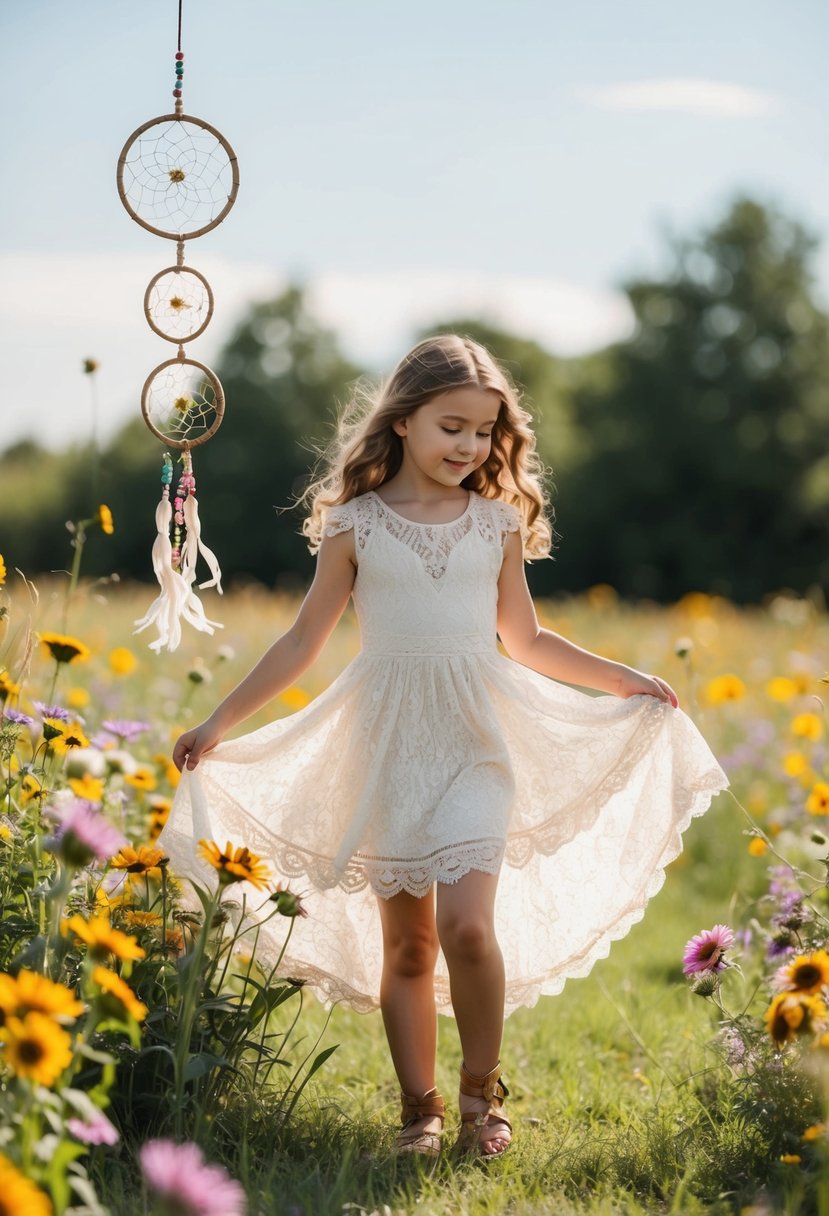 A young girl twirls in a flowy lace dress, surrounded by wildflowers and dreamcatchers, with a carefree and bohemian vibe