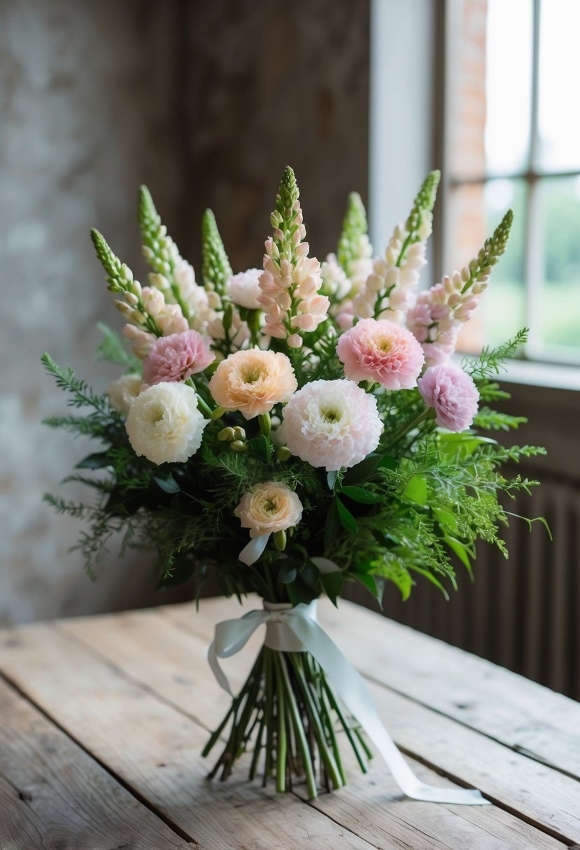 A delicate bouquet of lisianthus in pastel colors, surrounded by greenery and tied with a ribbon, sits on a rustic wooden table