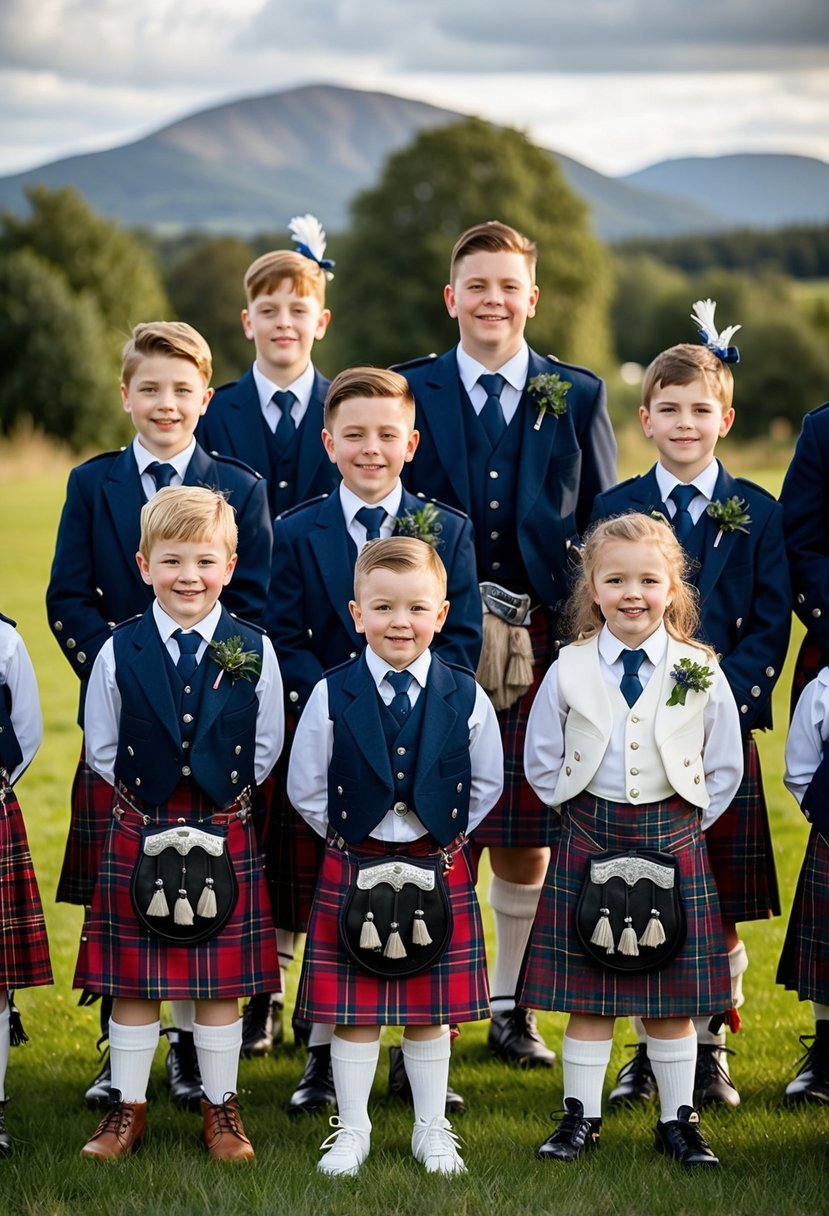 A group of children wearing traditional Scottish kilt outfits at a wedding celebration, with tartan patterns and sporran accessories