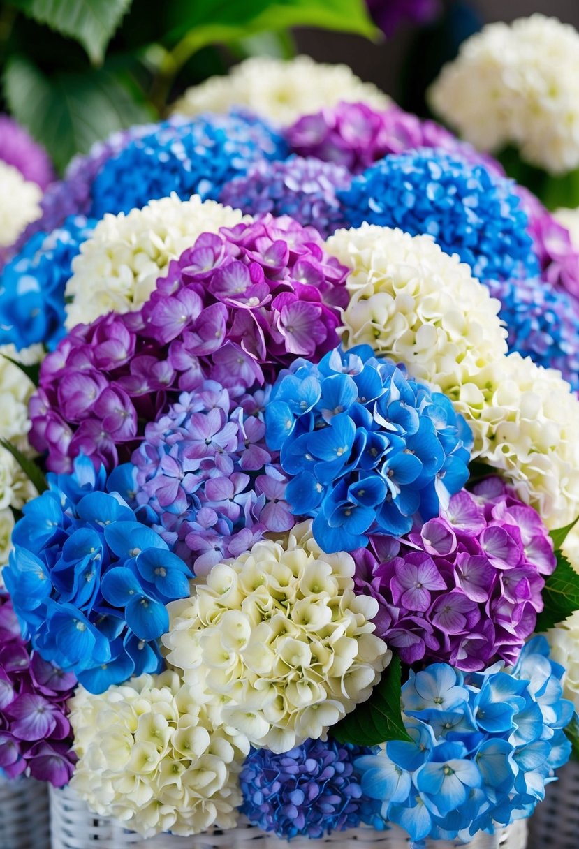 A lush bouquet of hydrangeas in shades of blue, purple, and white, arranged in a voluminous and elegant display