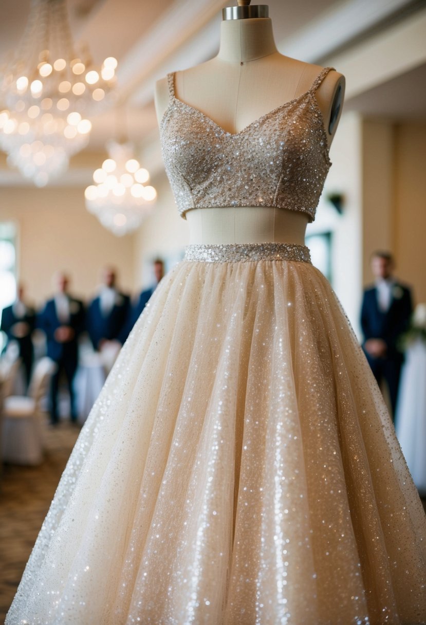 A sparkling tulle skirt and matching top set, adorned with sequins and delicate details, shimmering in the soft light of a wedding venue