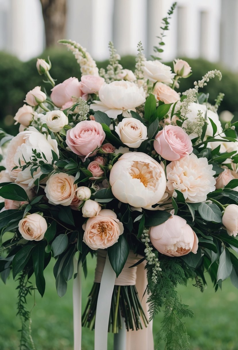 A lush bouquet of garden roses, peonies, and greenery arranged in a cascading style, with a mix of blush, ivory, and pale pink hues