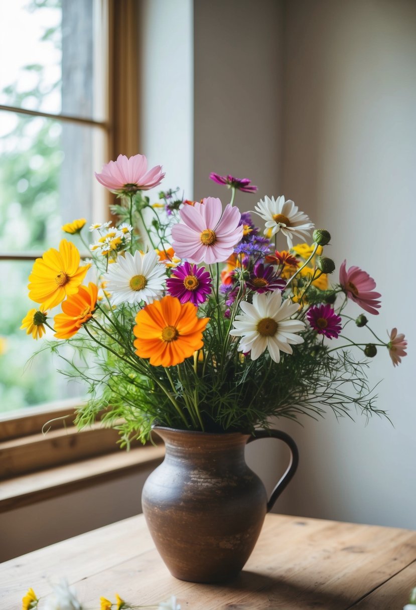 A colorful bouquet of cosmos, daisies, and wildflowers in a rustic vase on a wooden table, with soft natural light streaming in from a nearby window