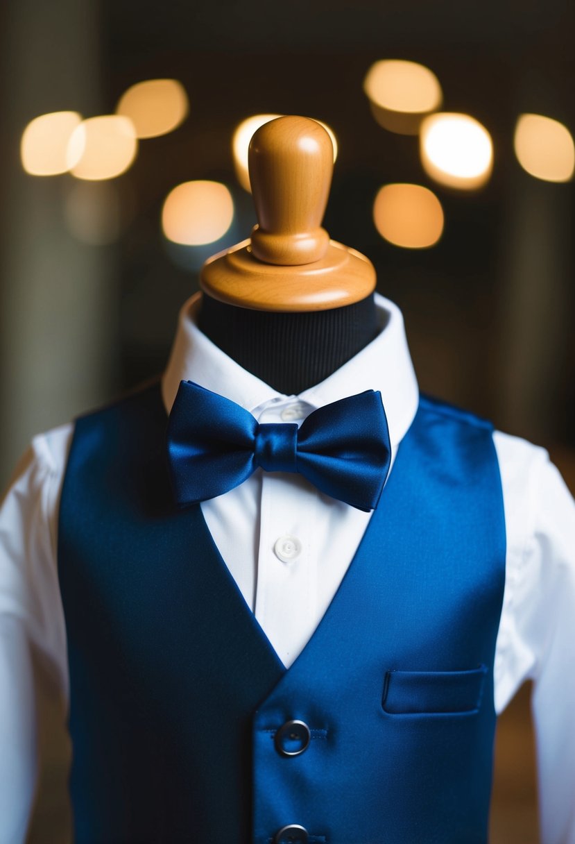 A silk bow tie and waistcoat arranged on a child-sized mannequin for a wedding