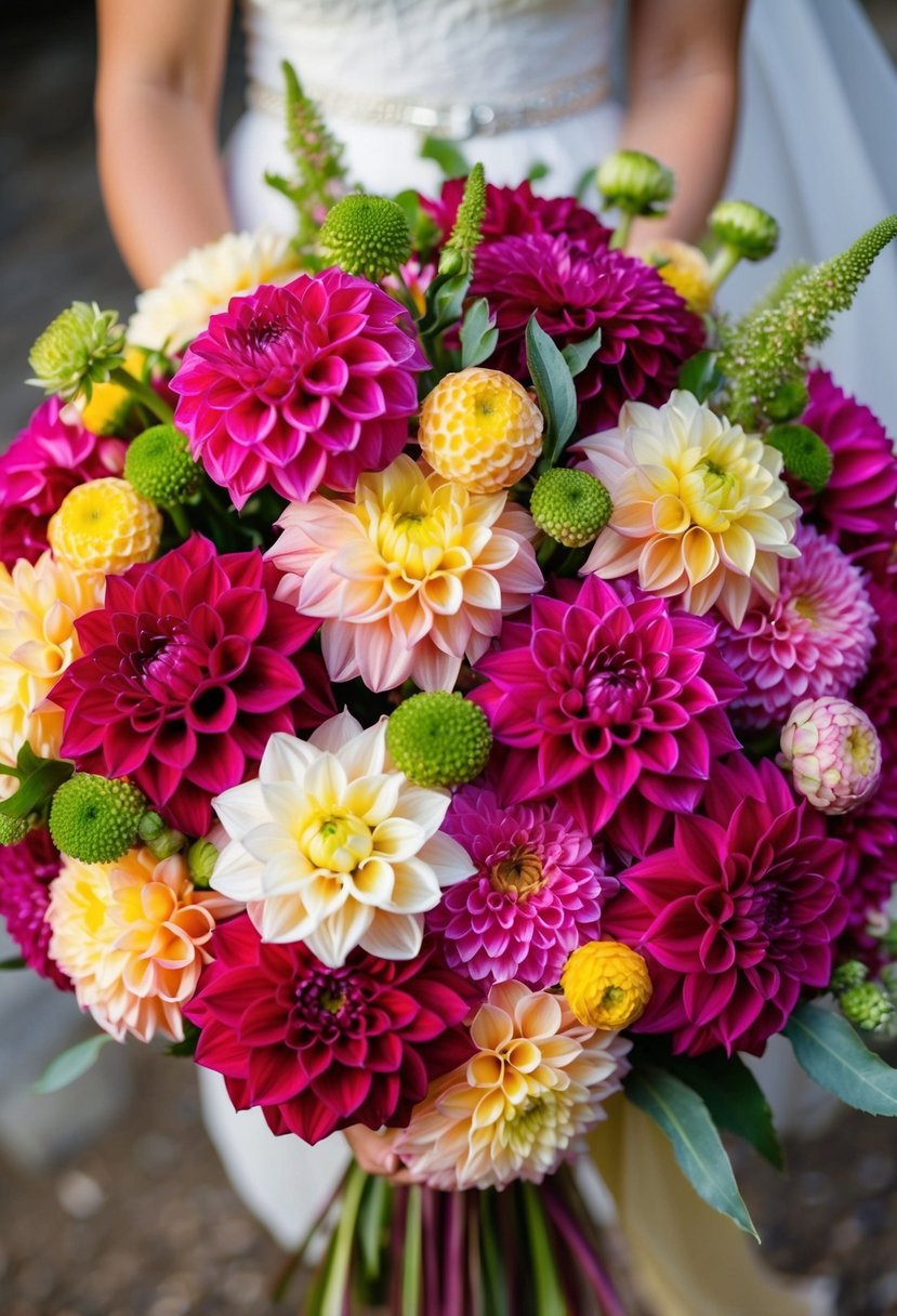 A vibrant bouquet of dahlias, with varying textures and shades, arranged in a rustic, yet elegant, style for a June wedding