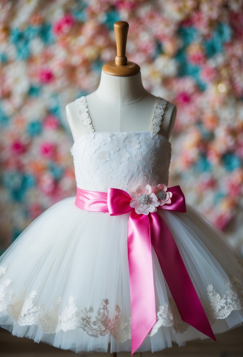 A white tutu dress with a pink satin sash, adorned with delicate lace and flower appliques