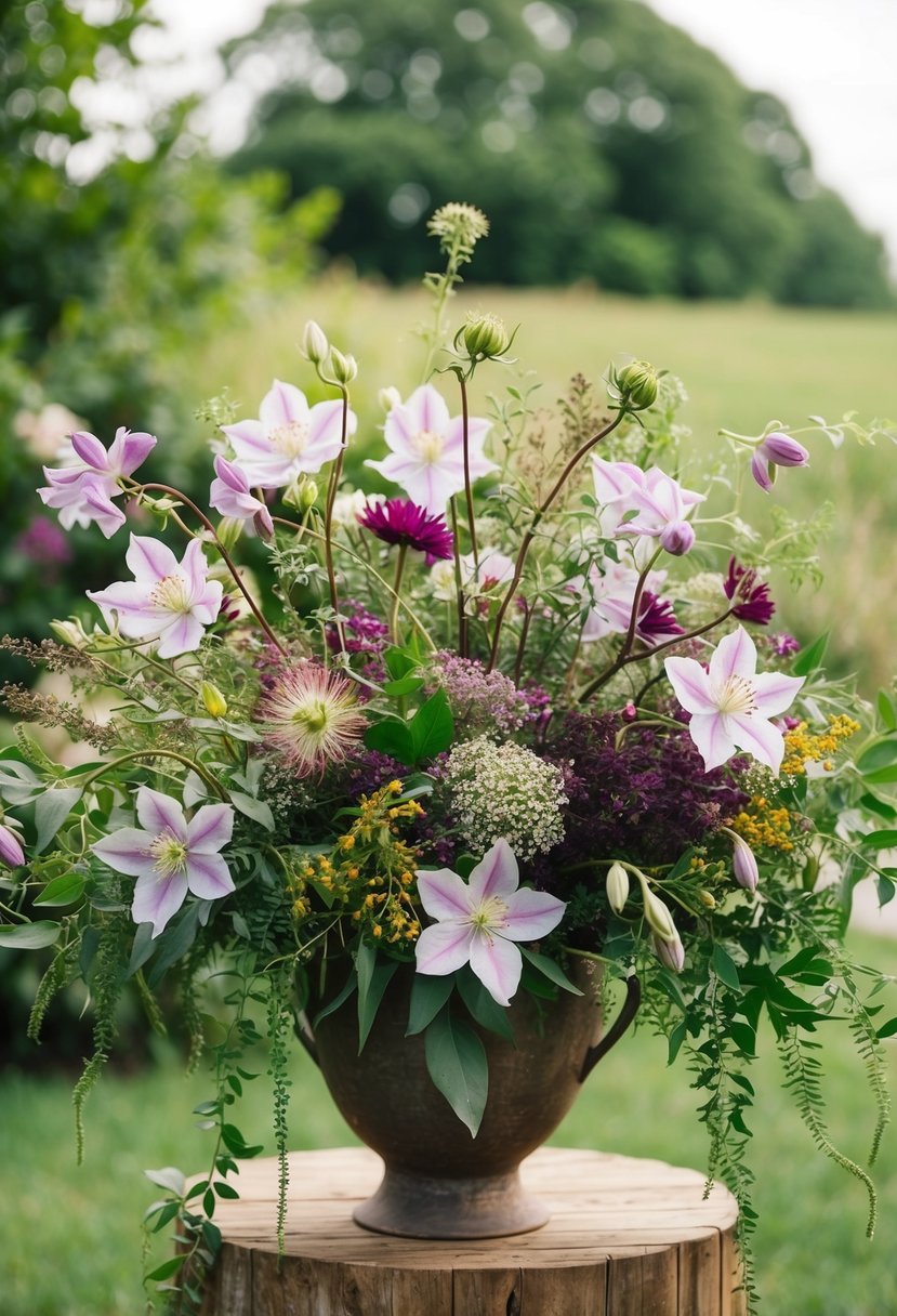 A lush arrangement of clematis, wildflowers, and greenery cascades from a rustic vase, creating a bohemian-inspired bouquet for a June wedding